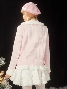 ROMWE Kawaii Christmas Fuzzy Collar Cable Knit Cardigan - Pink - View 5