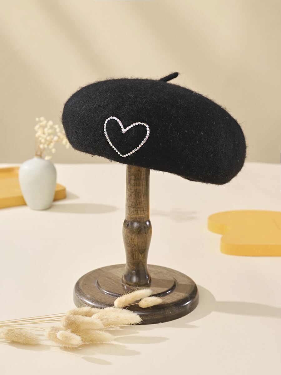 Rhinestone Heart Decor Beret - Black - View 1