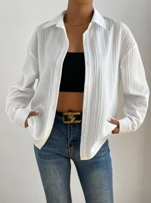 SHEIN Privé 落肩纽扣前襟衬衫、长袖上衣 - 白色 - 查看 6