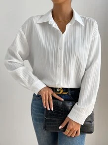 SHEIN Privé 落肩纽扣前襟衬衫、长袖上衣 - 白色 - 查看 1