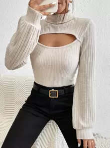 SHEIN Privé 高領前鏤空T恤 - 杏色 - 查看 1