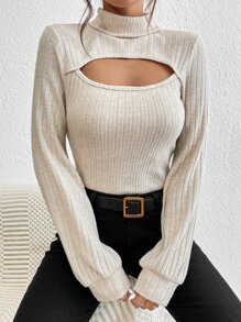 SHEIN Privé 高領前鏤空T恤 - 杏色 - 查看 3