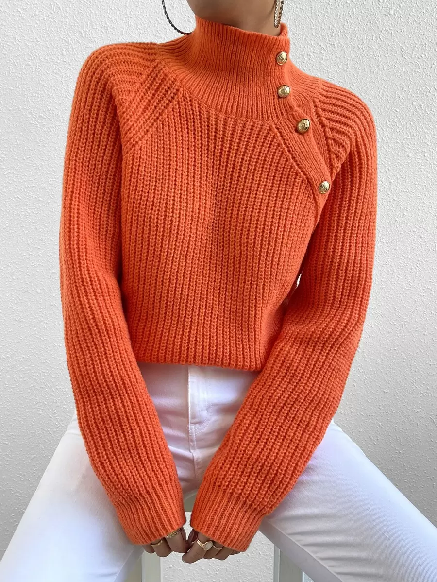 Chiquease Suéter con cuello alto y mangas raglan, Blusas de manga larga - Naranja - Ver 1