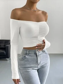 SHEIN Privé Off Shoulder Ruched Crop Tee - White - View 6