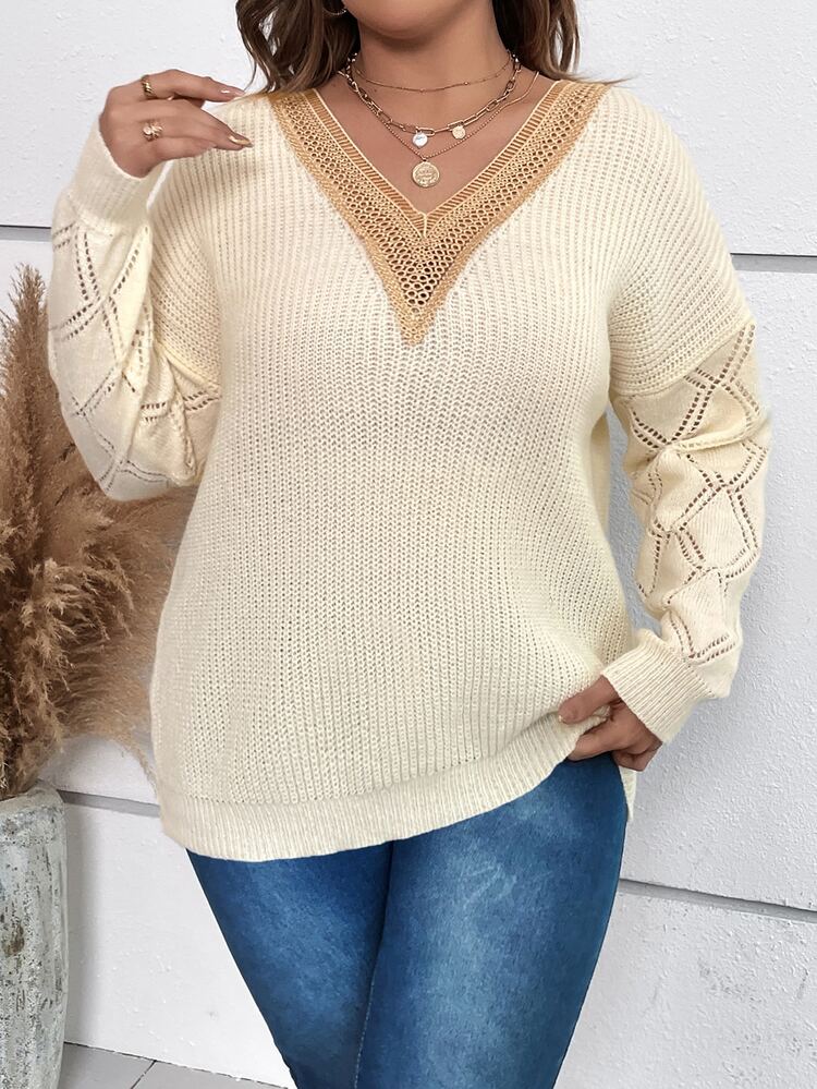 Plus Guipure Lace Panel Drop Shoulder Sweater Knit Pullover Fall Winter