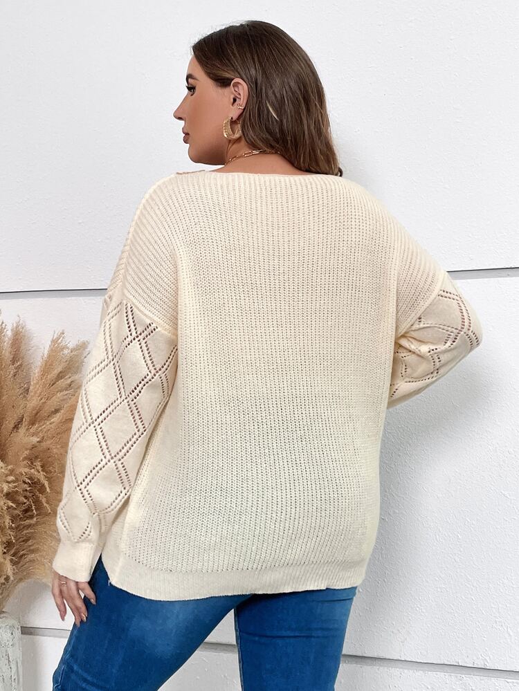 Plus Guipure Lace Panel Drop Shoulder Sweater Knit Pullover Fall Winter