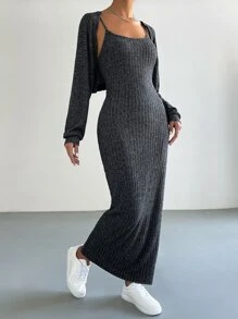 SHEIN Essnce Raglan Sleeve Crop Top & Cami Dress - Dark Grey - View 4