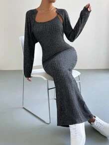 SHEIN Essnce Raglan Sleeve Crop Top & Cami Dress - Dark Grey - View 5