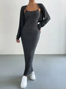 SHEIN Essnce Raglan Sleeve Crop Top & Cami Dress - Dark Grey - View 6