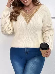 Flirla Plus Guipure Lace Panel Drop Shoulder Sweater Knit Pullover Fall Winter Outfit - Apricot - View 4