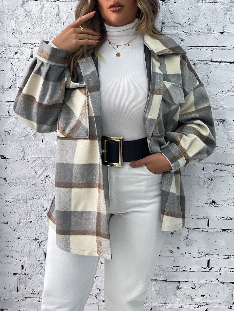 SHEIN LUNE Plus Plaid Flap Pocket Drop Shoulder Coat - Grey - View 1