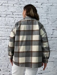SHEIN LUNE Plus Plaid Flap Pocket Drop Shoulder Coat - Grey - View 2