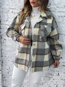 SHEIN LUNE Plus Plaid Flap Pocket Drop Shoulder Coat - Grey - View 3