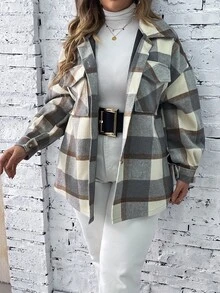 SHEIN LUNE Plus Plaid Flap Pocket Drop Shoulder Coat - Grey - View 4