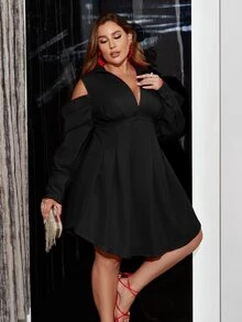 Glamaker Vestido de hombros descubiertos de manga farol - Negro - Ver 5