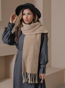 Solid Fringe Hem Scarf - Khaki - View 6