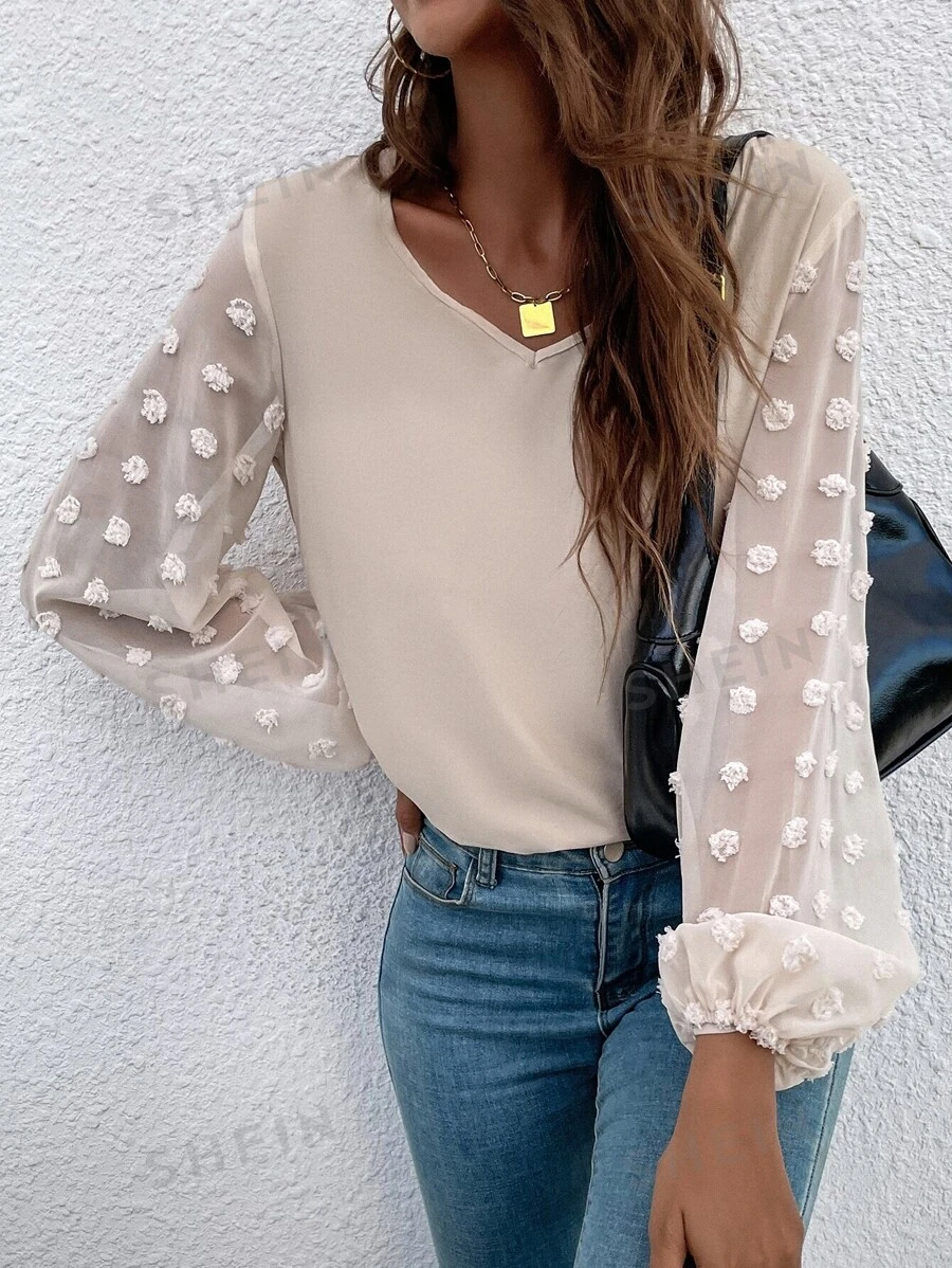 SHEIN LUNE Blusa con mangas de obispo a lunares, blusas de manga larga - Albaricoque - Ver 1