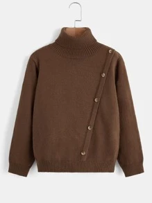 SHEIN Boys Turtleneck Button Front Jumper - Chocolate Brown - View 1