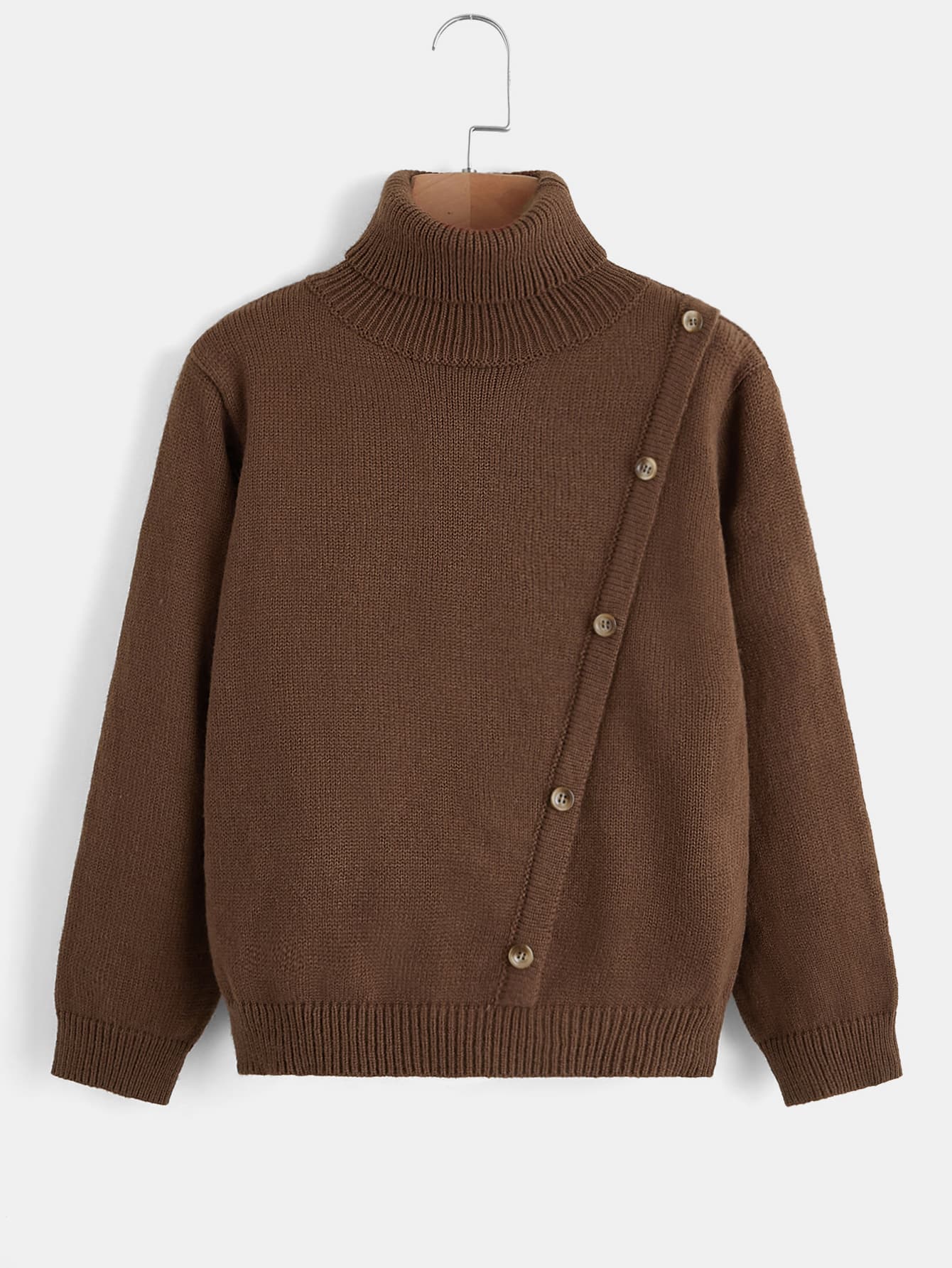 SHEIN Boys Turtleneck Button Front Jumper - Chocolate Brown - View 1