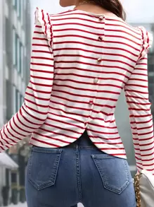 SHEIN Frenchy Button Back Ruffle Trim Striped Tee Winter - Red and White - View 1