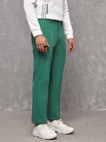Manfinity Men Top-stitching Slant Pocket Trousers - Green - View 3