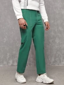 Manfinity Men Top-stitching Slant Pocket Trousers - Green - View 1