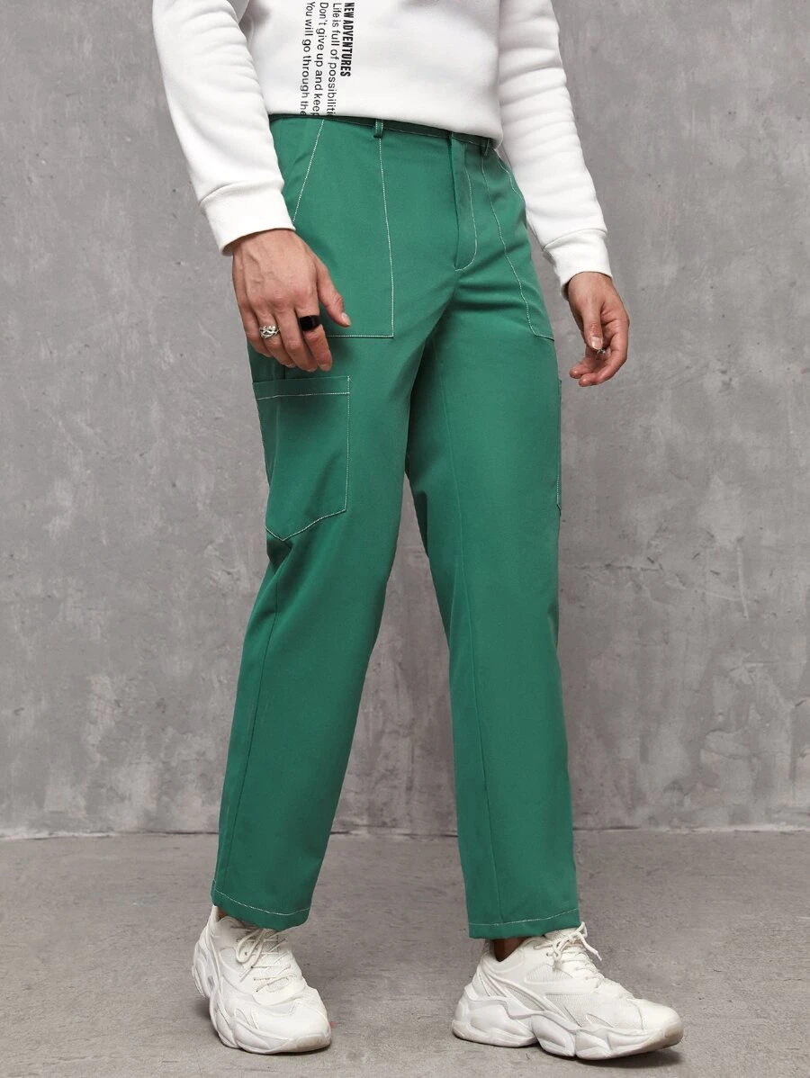 Manfinity Men Top-stitching Slant Pocket Trousers - Green - View 1