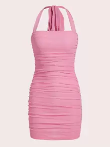 SHEIN Privé Ruched Backless Halter Bodycon Dress - Baby Pink - View 1