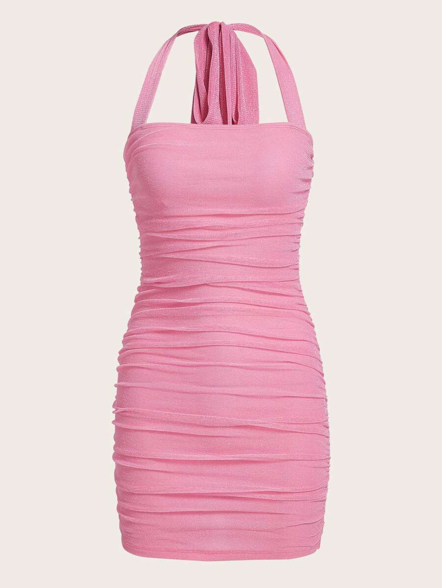 SHEIN Privé Ruched Backless Halter Bodycon Dress - Baby Pink - View 1