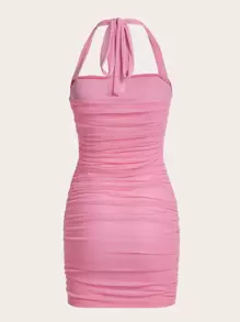 SHEIN Privé Ruched Backless Halter Bodycon Dress - Baby Pink - View 2