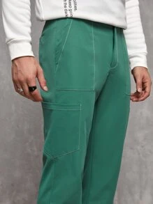 Manfinity Men Top-stitching Slant Pocket Trousers - Green - View 5