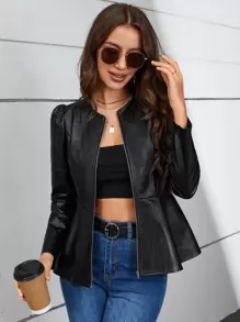 SHEIN Clasi Puff Sleeve Peplum PU Leather Jacket In Fall/Winter - Black - View 1