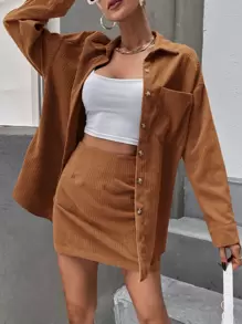 SHEIN EZwear Abrigo unicolor con botón delantero de hombros caídos & Falda - Marrón - Ver 5