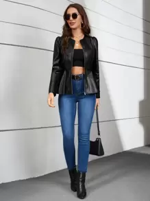 SHEIN Clasi Puff Sleeve Peplum PU Leather Jacket In Fall/Winter - Black - View 4