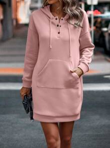 SHEIN LUNE Kangaroo Pocket Drop Shoulder Drawstring Hoodie Dress - Dusty Pink - View 3