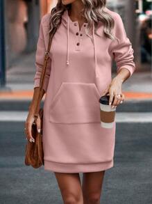 SHEIN LUNE Kangaroo Pocket Drop Shoulder Drawstring Hoodie Dress - Dusty Pink - View 6