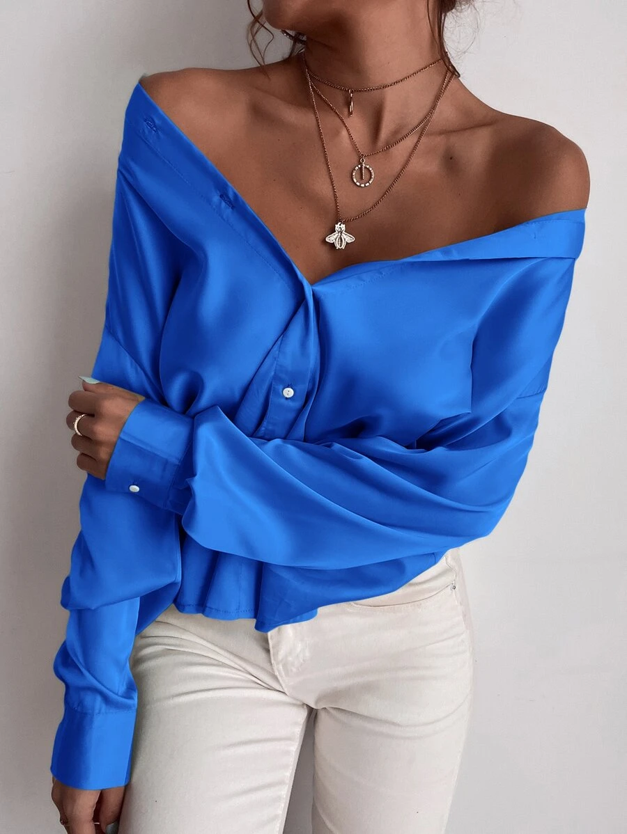 SHEIN Privé Button Up Solid Shirt - Blue - View 1