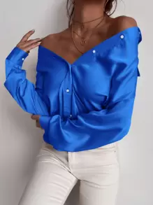 SHEIN Privé Button Up Solid Shirt - Blue - View 7