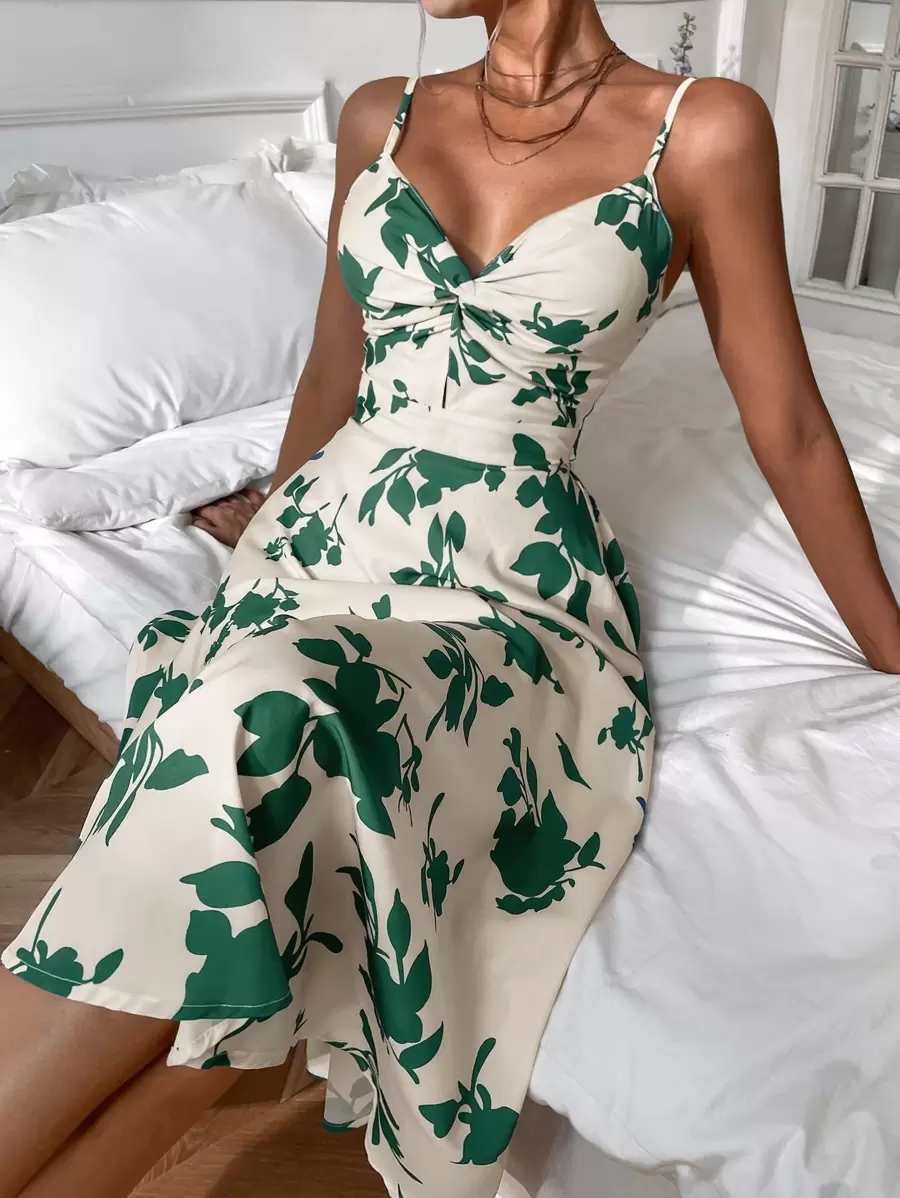 Chiquease Plants Print Tie Back Cami Dress - Green - View 1