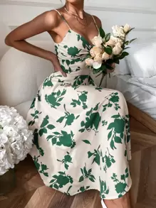 Chiquease Plants Print Tie Back Cami Dress - Green - View 6