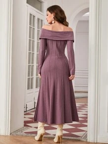 Modelyn Foldover Off Shoulder Sweater Dress Without Belt - Dusty Purple - View 2