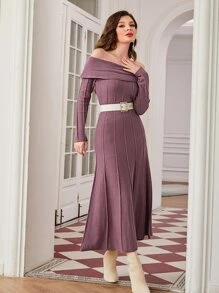Modelyn Foldover Off Shoulder Sweater Dress Without Belt - Dusty Purple - View 5