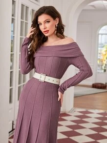 Modelyn Foldover Off Shoulder Sweater Dress Without Belt - Dusty Purple - View 6