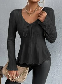 SHEIN Privé Jersey con nudo delantero ribete en forma de lechuga tejido de canalé - Negro - Ver 1