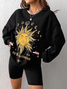 SHEIN EZwear Sun & Letter Graphic Drop Shoulder Sweatshirt - Black - View 5