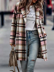 SHEIN LUNE Áo khoác ngoài nữ Túi Nút phía trước Sọc ca rô Sẵn sàng - Nhiều màu - Xem 1