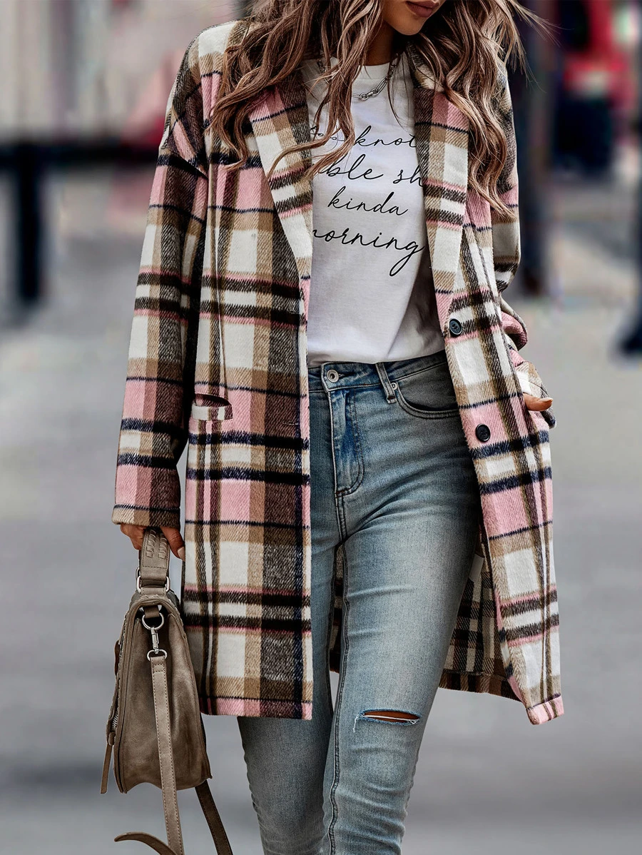 SHEIN LUNE Áo khoác ngoài nữ Túi Nút phía trước Sọc ca rô Sẵn sàng - Nhiều màu - Xem 1