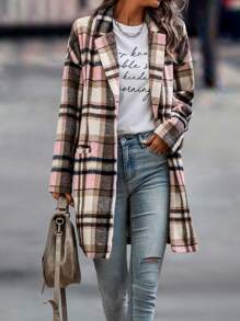 SHEIN LUNE Áo khoác ngoài nữ Túi Nút phía trước Sọc ca rô Sẵn sàng - Nhiều màu - Xem 3