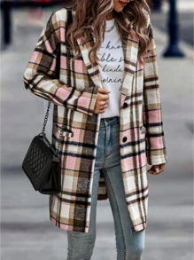 SHEIN LUNE Áo khoác ngoài nữ Túi Nút phía trước Sọc ca rô Sẵn sàng - Nhiều màu - Xem 5