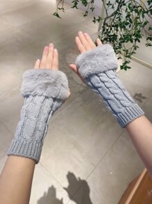 Fluffy Trim Fingerless Gloves - Light Grey - View 1
